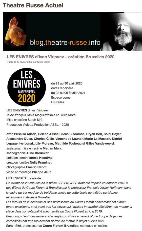 Page Internet. Les Enivrés d|Ivan Viripaev – création Bruxelles 2020. Théâtre russe actuel, modéré par Gilles Morel. 2021-02-02